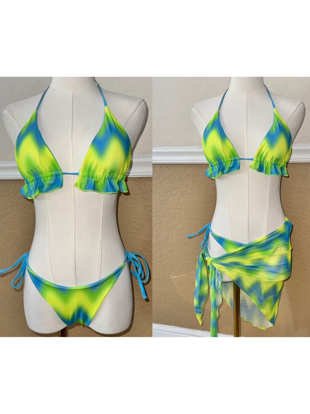Neon Blue & Green Tie-Dye Ruffle 3 Piece Bikini Set